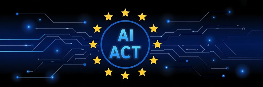 European Union AI Act hologram concept with glowing digital circuit background and EU stars around futuristic interface globe symbolizing regulation. 3D. - Powered by Adobe