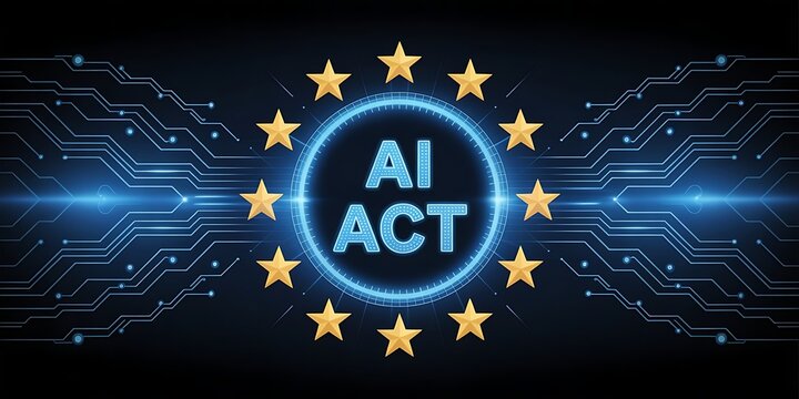 European Union AI Act hologram concept with glowing digital circuit background and EU stars around futuristic interface globe symbolizing regulation. 3D.