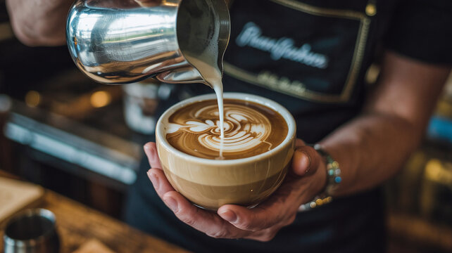 Barista creates a rose pattern in coffee