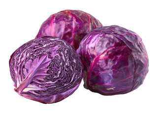 Three vibrant purple cabbages, close-up,  on a black background.  Deeply colored leaves, tight heads