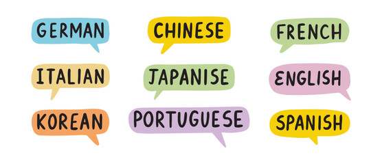 English, Chinese, German Learn new language. French, Italian, Spanish lettering doodle hand drawn text. Japanese, Portuguese, Korean speech bubble set.
