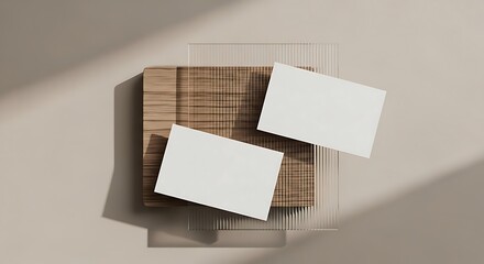 Clean modern business card mockup with a wooden texture and soft shadows on a neutral background