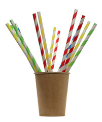 Pile colorful paper drinking straw in brown paper cup isolated on white, clipping path, side view