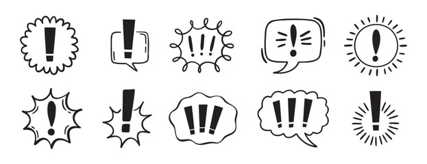 exclamation mark icon with bubble chat set, comix exclamation mark icon doodle hand drawn. Outline line drawing clipart symbol