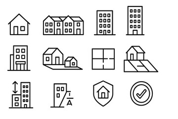 Housing Density Icons. Housing density and zoning. Line icon set of housing density and zoning: single-family house, townhouse row, mid-rise, high-rise,