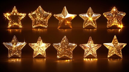 A dazzling collection of ten golden, crystalline star-shaped objects arranged in two rows, casting a m glow.