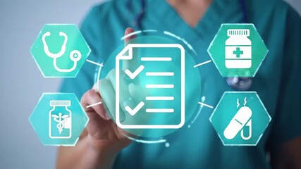 Medic touching virtual checklist with health icons for digital records concept - Powered by Adobe