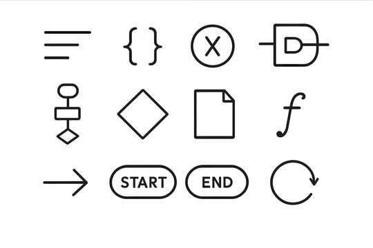 Pseudocode Icon Set. Pseudocode design. Line icon set of pseudocode design: text lines, code brackets, variable, logic gate, flowchart, decision diamond,