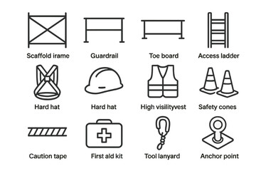 Scaffolding Safety Icons. Scaffolding and Safety. Line icon set of Scaffolding and Safety: scaffold frame, guardrail, toe board, access ladder, safety harness,