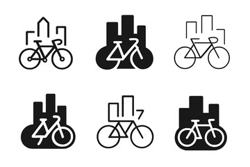 Bicycle Commuting Logos. Bicycle commuting. Icon set. Set Logo of Bicycle Commuting: front view of bicycle with city elements. harmonious logo variations of