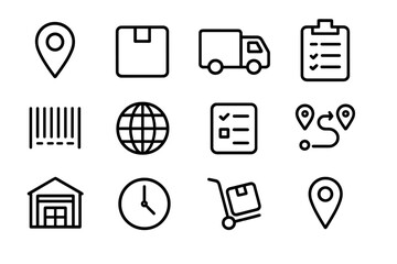 Logistics Icon Set. Logistics Network. Solid icon set of Logistics Network: cargo ship, airplane, delivery truck, shipping container, warehouse, globe,