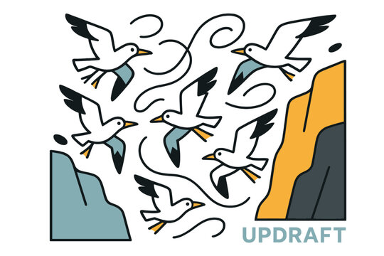 Seagulls in Updraft Dance. Seagulls ? Cliffside wind dance. Birds rise and fall with smooth arcs along abstract cliffs; the air vibrates in looping lines.