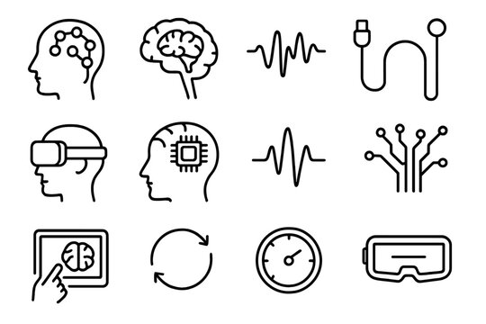 Brain Interface Icons. Human brain interface. Line icon set of human brain interface: head profile, electrode nodes, brainwave signal, sensor cable, VR