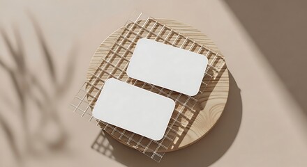 Blank Business Cards on Wooden Stand with Subtle Shadow, Mockup for Branding, White Cards on Neutral Background