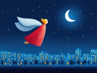 A Christmas angel flies across the starry sky above a winter city at night. Illustration for a New Year's card or children's book.