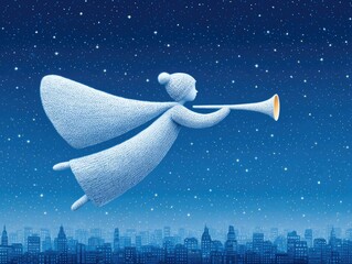 A cartoon angel flies with a horn over a winter city at night. Children's illustration, Christmas card