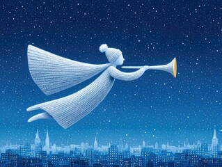 A cartoon angel flies with a horn over a winter city at night. Children's illustration, Christmas card