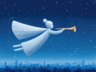 A cartoon angel flies with a horn over a winter city at night. Children's illustration, Christmas card