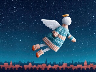 A Christmas angel flies across the starry sky above a winter city at night. Illustration for a New Year's card or children's book.