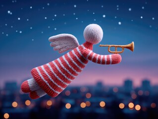 A cartoon angel flies with a horn over a winter city at night. Children's illustration, Christmas card