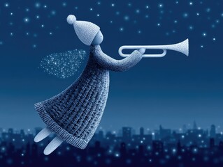 A cartoon angel flies with a horn over a winter city at night. Children's illustration, Christmas card