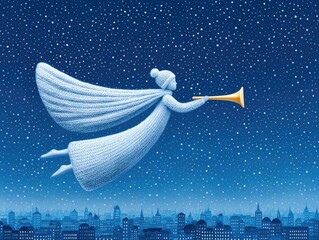 A cartoon angel flies with a horn over a winter city at night. Children's illustration, Christmas card