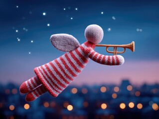 A cartoon angel flies with a horn over a winter city at night. Children's illustration, Christmas card