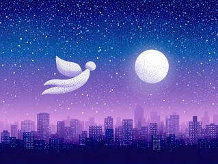A Christmas angel flies across the starry sky above a winter city at night. Illustration for a New Year's card or children's book.