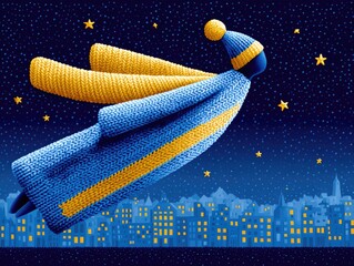 A Christmas angel flies across the starry sky above a winter city at night. Illustration for a New Year's card or children's book.