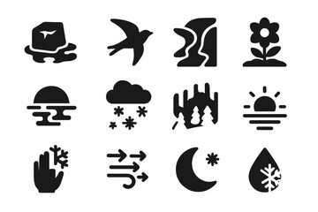 Obraz premium Seasonal Icon Set. Seasonal Changes. Solid icon set of Seasonal Changes: thawing ice, migrating bird, melting stream, early bloom, frozen sunset, snowstorm,