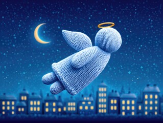 A Christmas angel flies across the starry sky above a winter city at night. Illustration for a New Year's card or children's book.
