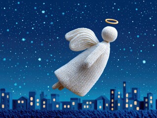 A Christmas angel flies across the starry sky above a winter city at night. Illustration for a New Year's card or children's book.