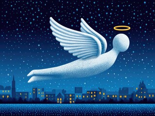 A Christmas angel flies across the starry sky above a winter city at night. Illustration for a New Year's card or children's book.