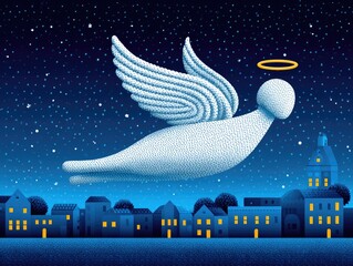 A Christmas angel flies across the starry sky above a winter city at night. Illustration for a New Year's card or children's book.