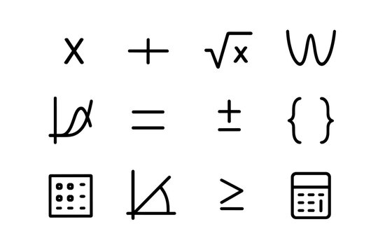 Algebra Icons Grid. Algebra formulas. Line icon set of algebra formulas: variable x, equation line, square root, polynomial curve, function graph, equals sign,
