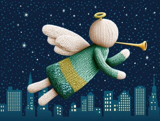 A cartoon angel flies with a horn over a winter city at night. Children's illustration, Christmas card