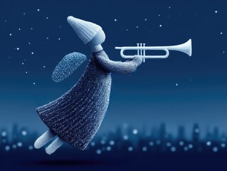 A Christmas angel flies across the starry sky above a winter city at night. Illustration for a New Year's card or children's book.