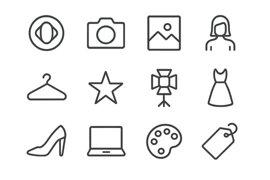 Visual Branding Icons. Visual Branding. Line icon set of Visual Branding: logo, camera, photo frame, model, hanger, star, light, dress, shoe, laptop, palette,