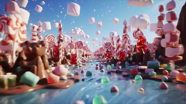 Sweet candy river land journey with marshmallow sky, a fantasy world background