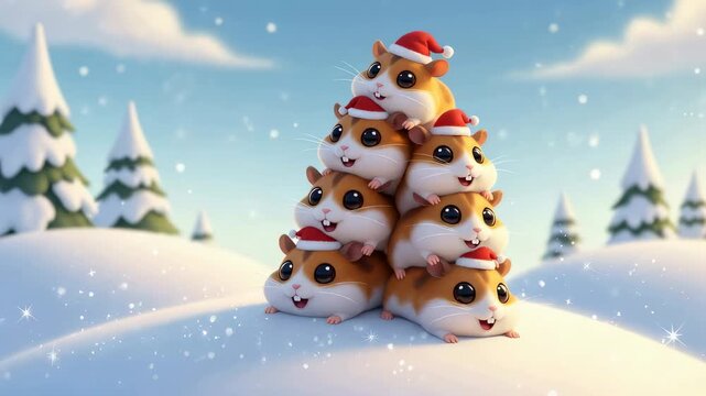 Cute hamsters wearing Santa hats play in a snowy Christmas landscape then stack into a festive hamster tree for winter holiday cheer.