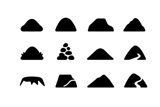 Black Mound Icons. Mound. Solid icon set of Mound: earth heap, hillock, berm, soil pile, grassy knoll, stone cairn, dune, barrow, crater rim, terrace step,
