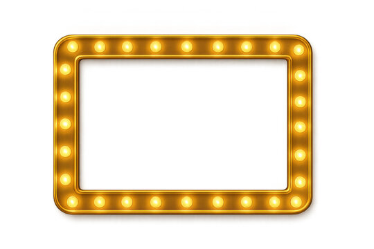 Golden retro light bulb frame with glowing marquee lights, vintage cinema sign, transparent background for showbiz events