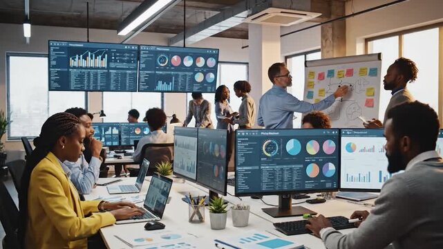 Diverse business team collaborating modern office data analytics screens - Powered by Adobe
