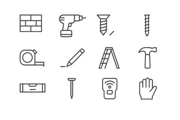 Fototapeta premium Wall Installation Icons. Wall Installation. Line icon set of Wall Installation: wall, drill, screw, anchor, tape measure, pencil mark, ladder, hammer, level,
