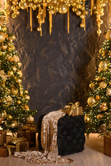 Elegant Christmas scene with golden ornaments, festive trees, gifts, and warm sparkling holiday decor.