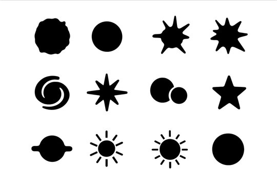 Star Types Icons. Types of stars. Solid icon set of Types of stars: red giant, white dwarf, neutron star, supernova, protostar, main sequence star, binary