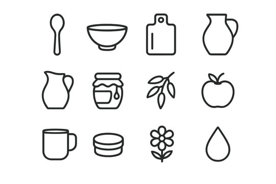 Rustic Kitchen Icons. Rustic kitchen. Line icon set of rustic kitchen: wooden spoon, rolling pin, bowl, whisk, cutting board, flour bag, dough ball, jar,
