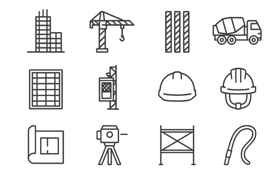 Skyscraper Construction Icons. Skyscraper construction. Line icon set of skyscraper construction: tower core, crane, rebar bundle, concrete mixer truck,