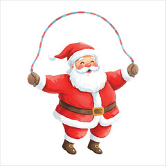 Santa Claus Skipping Rope Watercolor Vector, Isolated, White Background, Christmas Fitness Illustration
