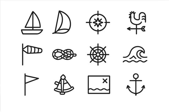 Sailing Icon Collection. Sailing winds. Line icon set of sailing winds: sailboat, spinnaker, compass, wind vane, wind sock, knot rope, helm wheel, sea wave,